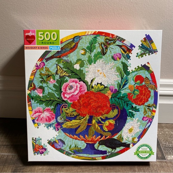 NEW eeBoo and Birds Jigsaw Puzzle - 500 Piece Round Floral Nature Puzzle - Picture 1 of 4